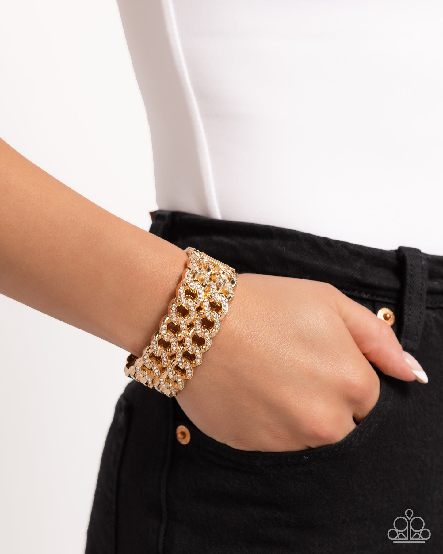Braided Bandit - Gold & White Rhinestone Hinge Bracelet - Paparazzi Accessories