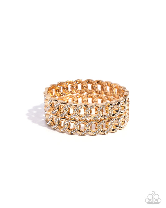 Braided Bandit - Gold & White Rhinestone Hinge Bracelet - Paparazzi Accessories