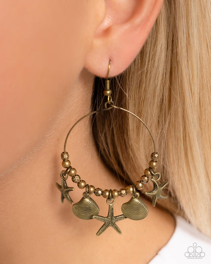 Coastal Conversation - Brass Starfish & Seashell Charm Fishhook Earrings - Paparazzi Accessories
