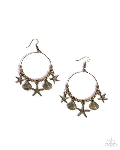 Coastal Conversation - Brass Starfish & Seashell Charm Fishhook Earrings - Paparazzi Accessories