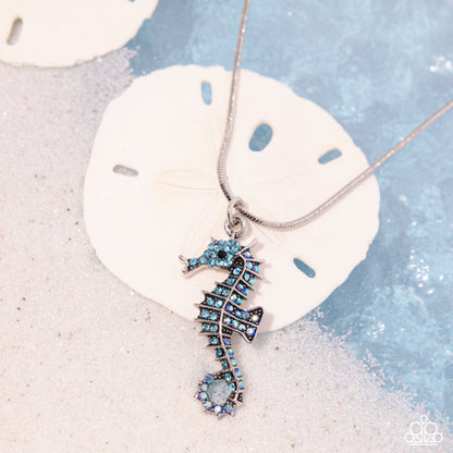 Seahorse Shanty - Blue Iridescent Rhinestone Pendant Necklace - Paparazzi Accessories