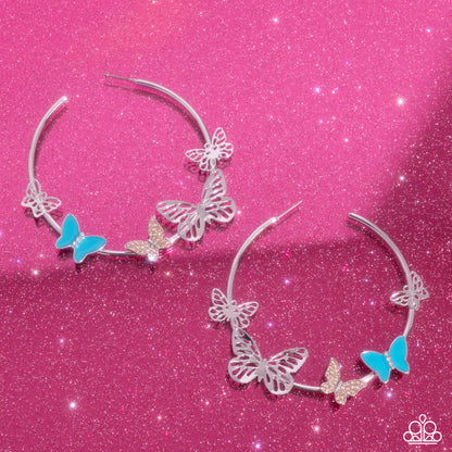 Aerial Allegiance - Multi Rhinestone Blue Enamel Butterfly Silver Hoop Earrings - Paparazzi Accessories