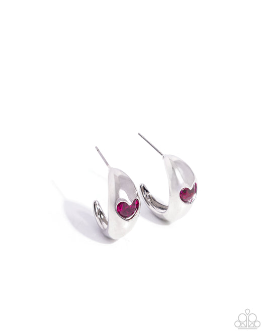 Perfect Point - Pink Rhinestone Heart Silver Hoop Earrings - Paparazzi Accessories