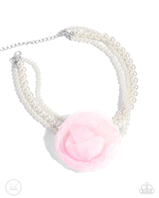 Radiant Rosette - Pink Chiffon Flower Pearl Choker Necklace - Paparazzi Accessories