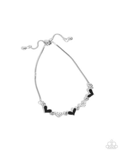 Heart-struck Hype - Black Enamel Hearts Silver Sliding Bead Closure Bracelet - Paparazzi Accessories