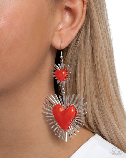 Sunburst Sweethearts - Red Glitter Heart Fishhook Earrings - Paparazzi Accessories