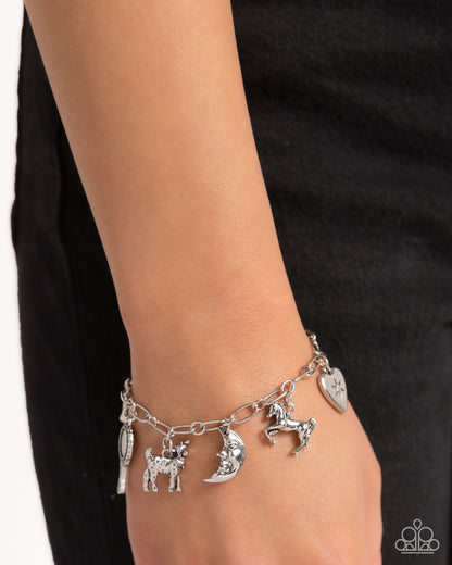 Hush Little Baby - Silver Goat, Crescent Moon, Horse, Heart Charm Clasp Bracelet - Paparazzi Accessories