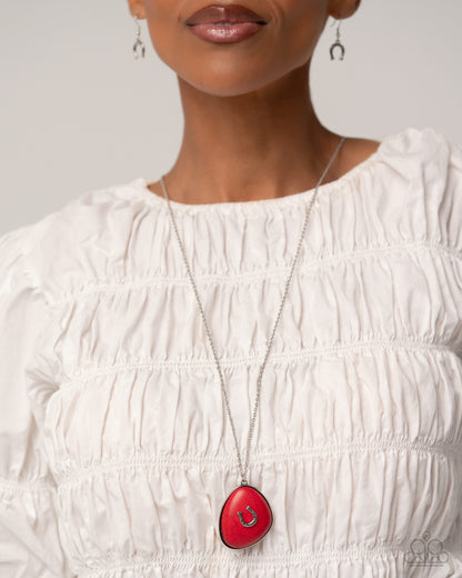 Horseshoe Hoedown - Red Crackle Stone Pendant Necklace - Paparazzi Accessories