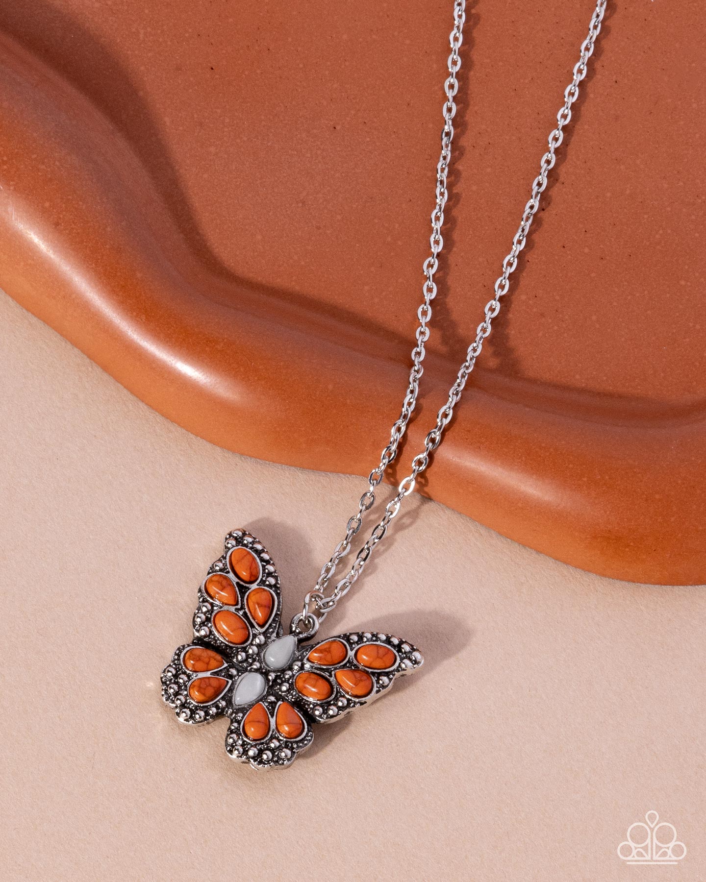 Santa Fe Satisfaction - Orange & White Stone Butterfly Pendant Necklace - Paparazzi Accessories