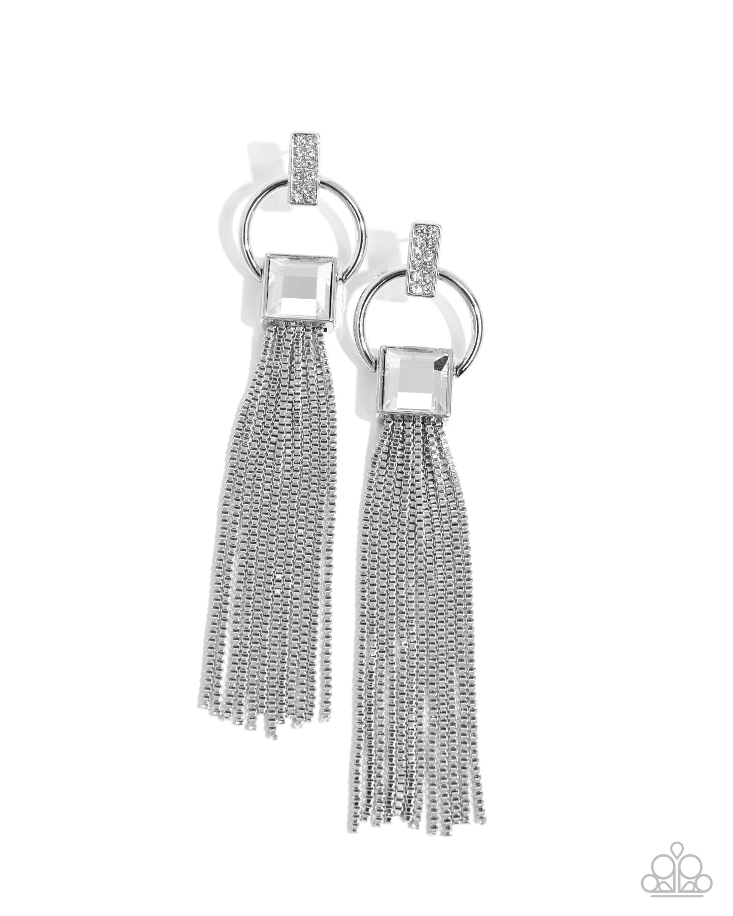 Softly Streamlined - White Rhinestone Silver Chain Fringe Post Earrings - Paparazzi Accessories