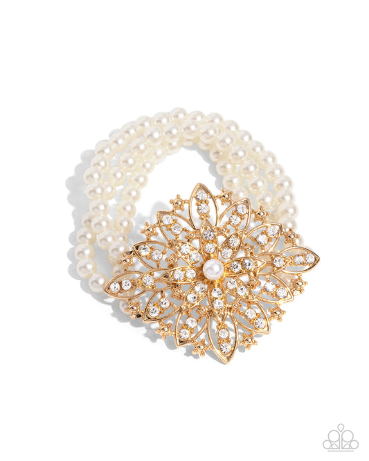 Flattering Floral - Gold & Pearl Stretchy Bracelet - Paparazzi Accessories