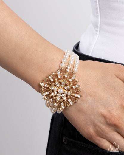 Flattering Floral - Gold & Pearl Stretchy Bracelet - Paparazzi Accessories