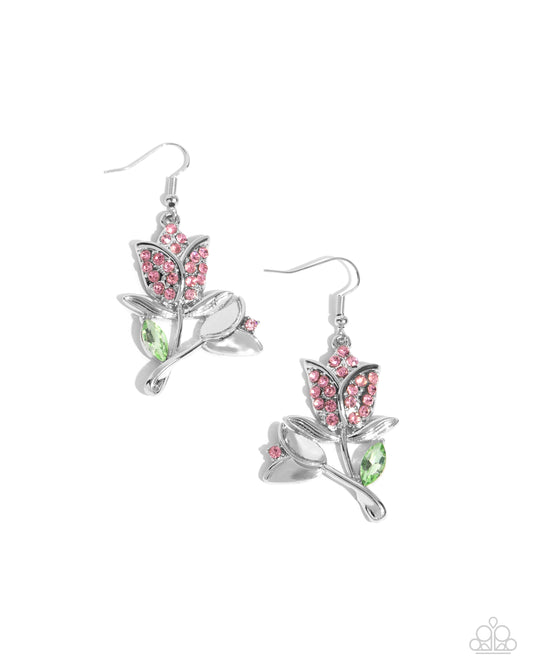 Tulip Tradition - Pink Rhinestone Flower Fishhook Earrings - Paparazzi Accessories