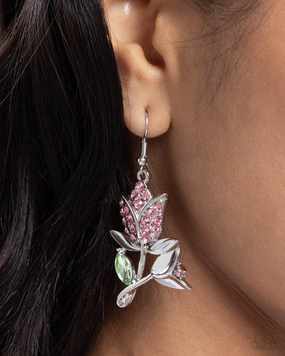 Tulip Tradition - Pink Rhinestone Flower Fishhook Earrings - Paparazzi Accessories