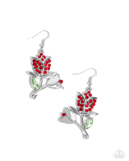 Tulip Tradition - Red Rhinestone Flower Fishhook Earrings - Paparazzi Accessories