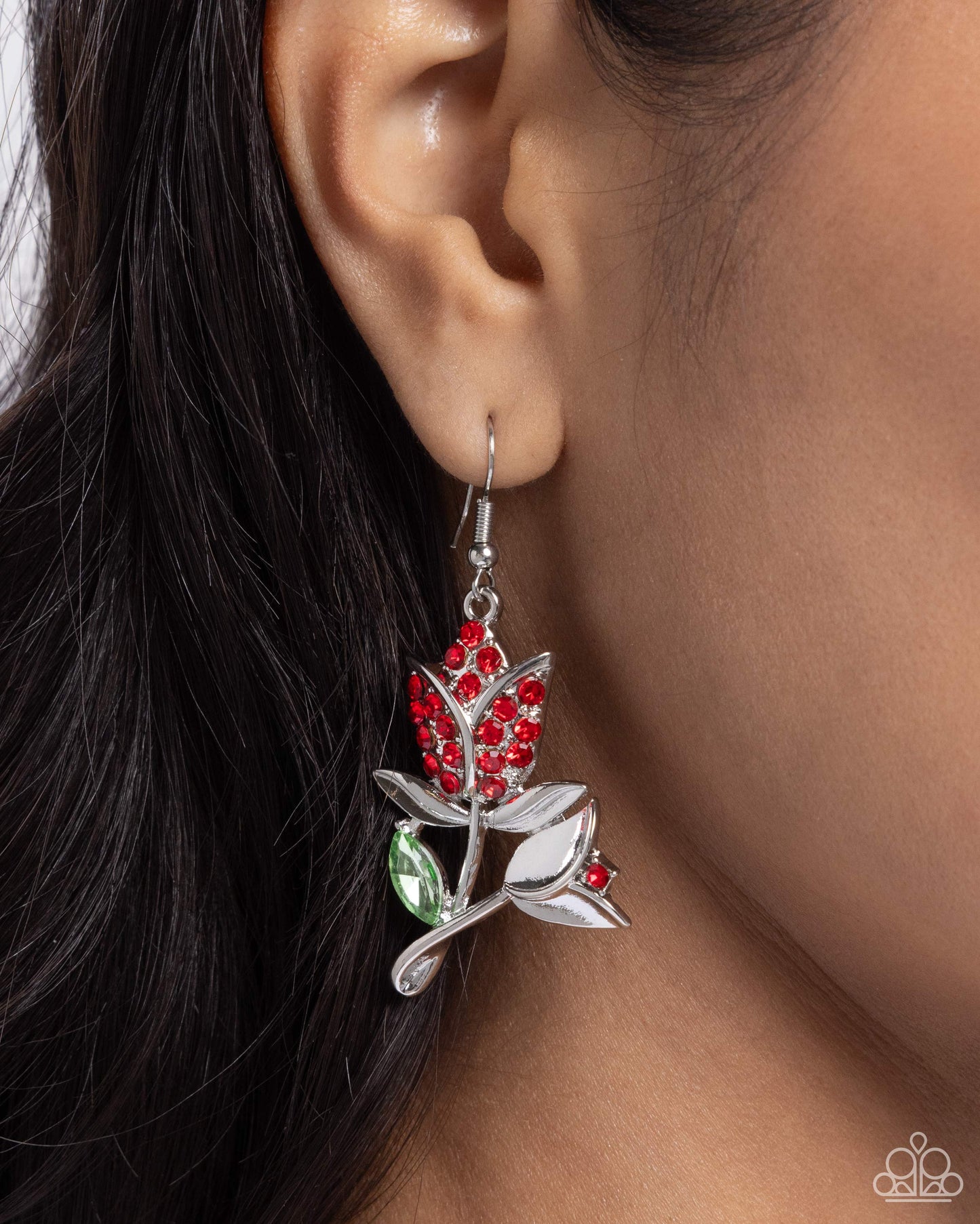 Tulip Tradition - Red Rhinestone Flower Fishhook Earrings - Paparazzi Accessories