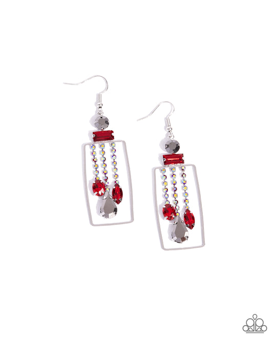 Framed Feature - Red Gem Silver Fishhook Earrings - Paparazzi Accessories