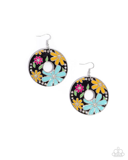 Embroidered Elegance - Black Enamel Flower Silver Fishhook Earrings - Paparazzi Accessories