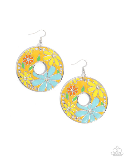 Embroidered Elegance - Yellow Enamel Flower Silver Fishhook Earrings - Paparazzi Accessories