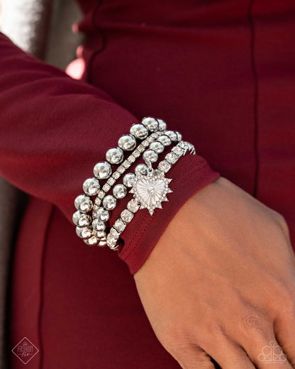 Excessive Elegance - White Rhinestone Silver Stretchy Bracelets - Paparazzi Accessories
