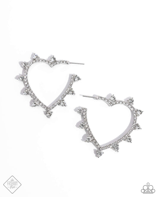 Excessive Elevation - White Rhinestone Heart Hoops - Paparazzi Accessories