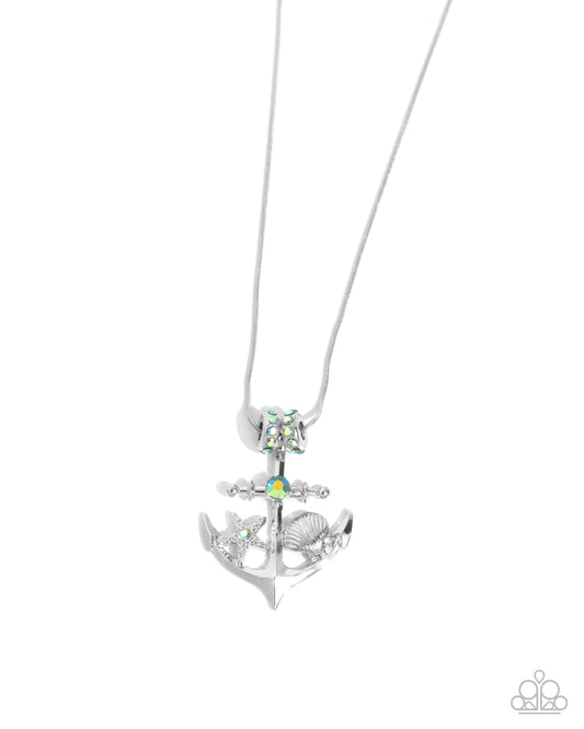 Anchored Accent - Green Iridescent Gem Silver Pendant Necklace - Paparazzi Accessories