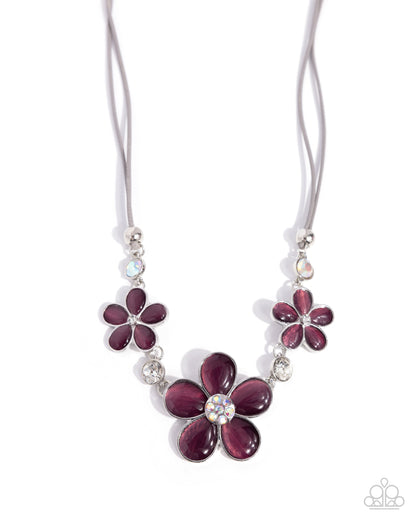 Cats Eye Calm - Purple Stone, Iridescent Rhinestone, Gray Cord Necklace - Paparazzi Accessories