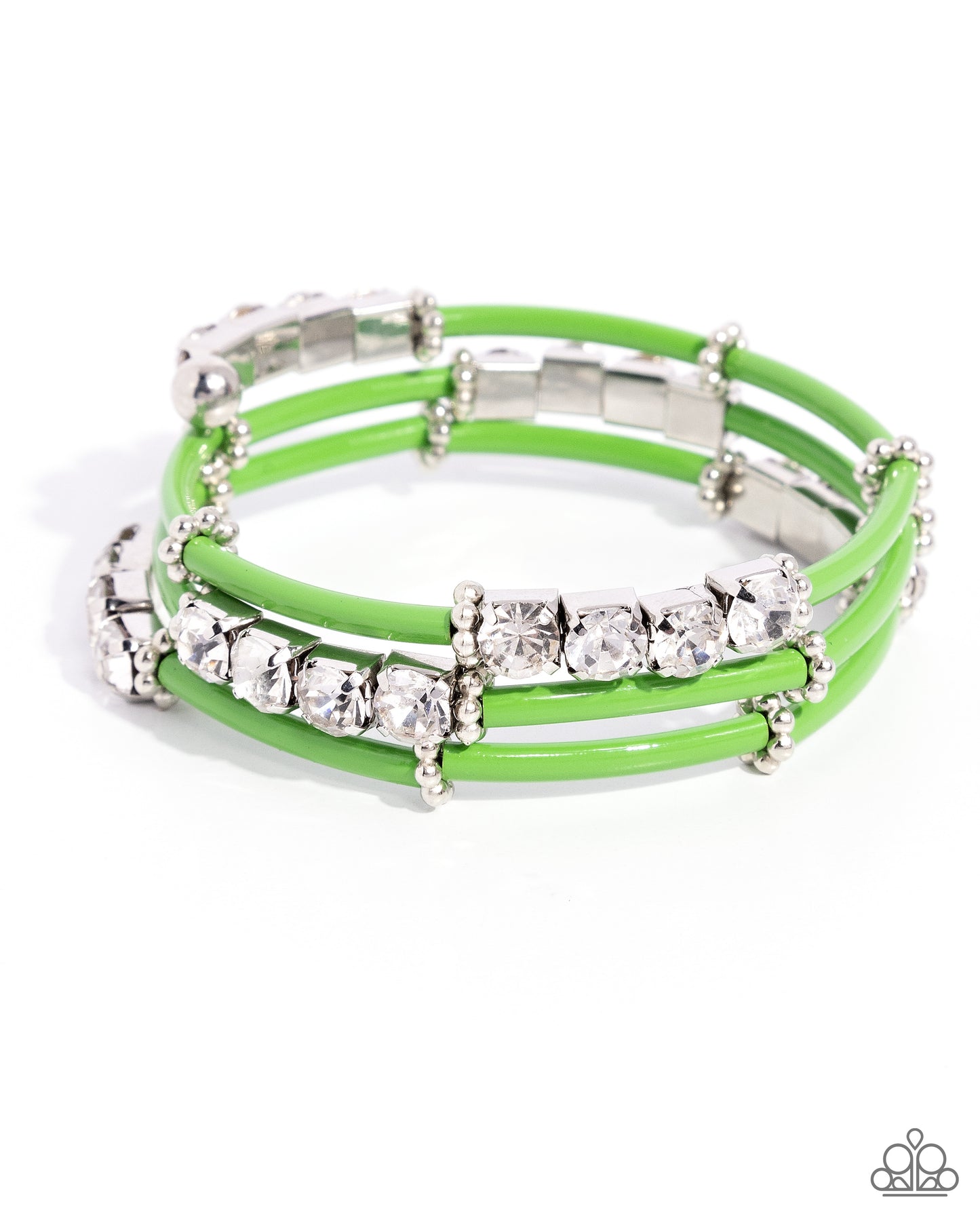 Certainly Coiled - Green Painted Metal White Rhinestone Coil Bracelet - Paparazzi Accessories