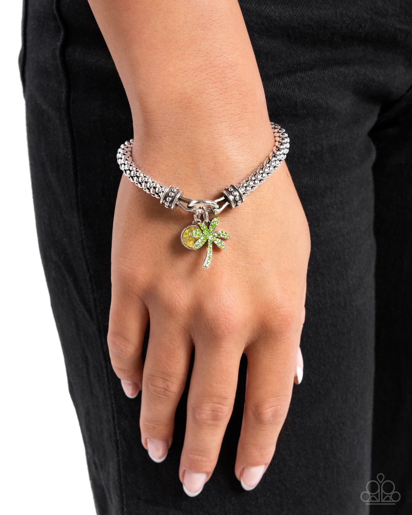 Palm Beach Bling - Green Rhinestone Stretchy Mesh Chain Bracelet - Paparazzi Accessories