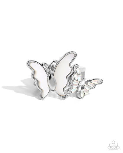 Dueling Decadence - White Gem Butterfly Silver Ring - Paparazzi Accessories