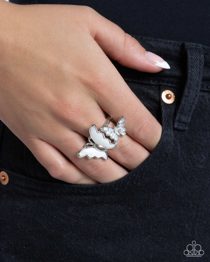Dueling Decadence - White Gem Butterfly Silver Ring - Paparazzi Accessories