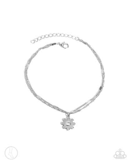 Blossoming Breeze - White Rhinestone Silver Flower Clasp Anklet - Paparazzi Accessories