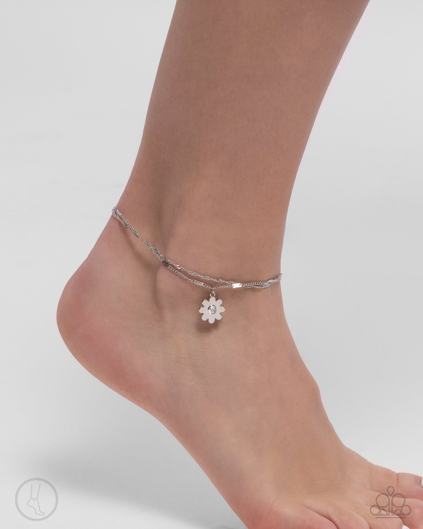 Blossoming Breeze - White Rhinestone Silver Flower Clasp Anklet - Paparazzi Accessories