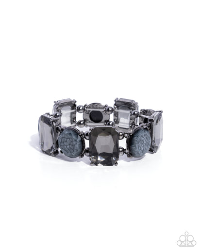 Cloudy Conversation - Black Marbled Resin Gunmetal Stretchy Bracelet - Convention Exclusive 2024 - Paparazzi Accessories