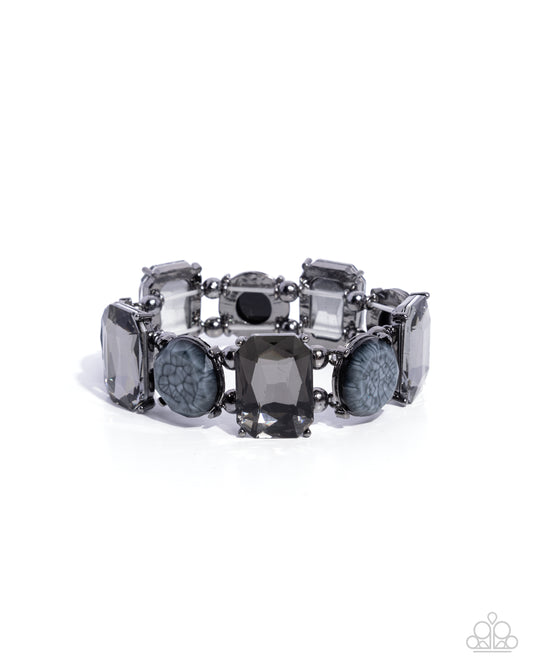 Cloudy Conversation - Black Marbled Resin Gunmetal Stretchy Bracelet - Convention Exclusive 2024 - Paparazzi Accessories