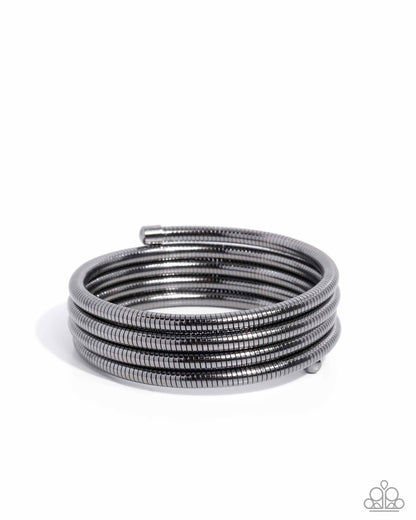 Coiled Command - Black Gunmetal Herringbone Chain Coil Bracelet - Paparazzi Accessories