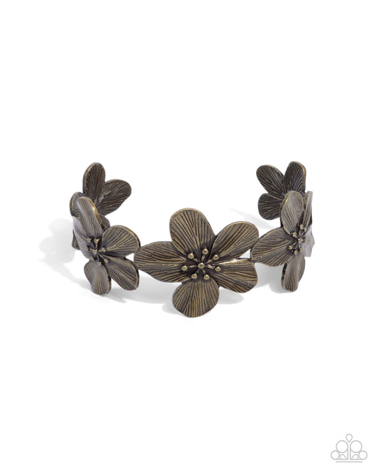 Whimsical Worth - Brass Floral Cuff Bracelet - Paparazzi Accessories