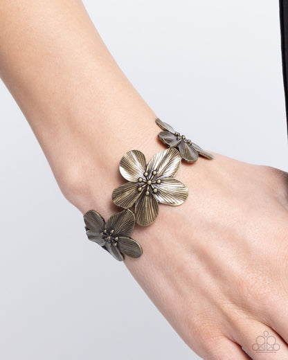 Whimsical Worth - Brass Floral Cuff Bracelet - Paparazzi Accessories