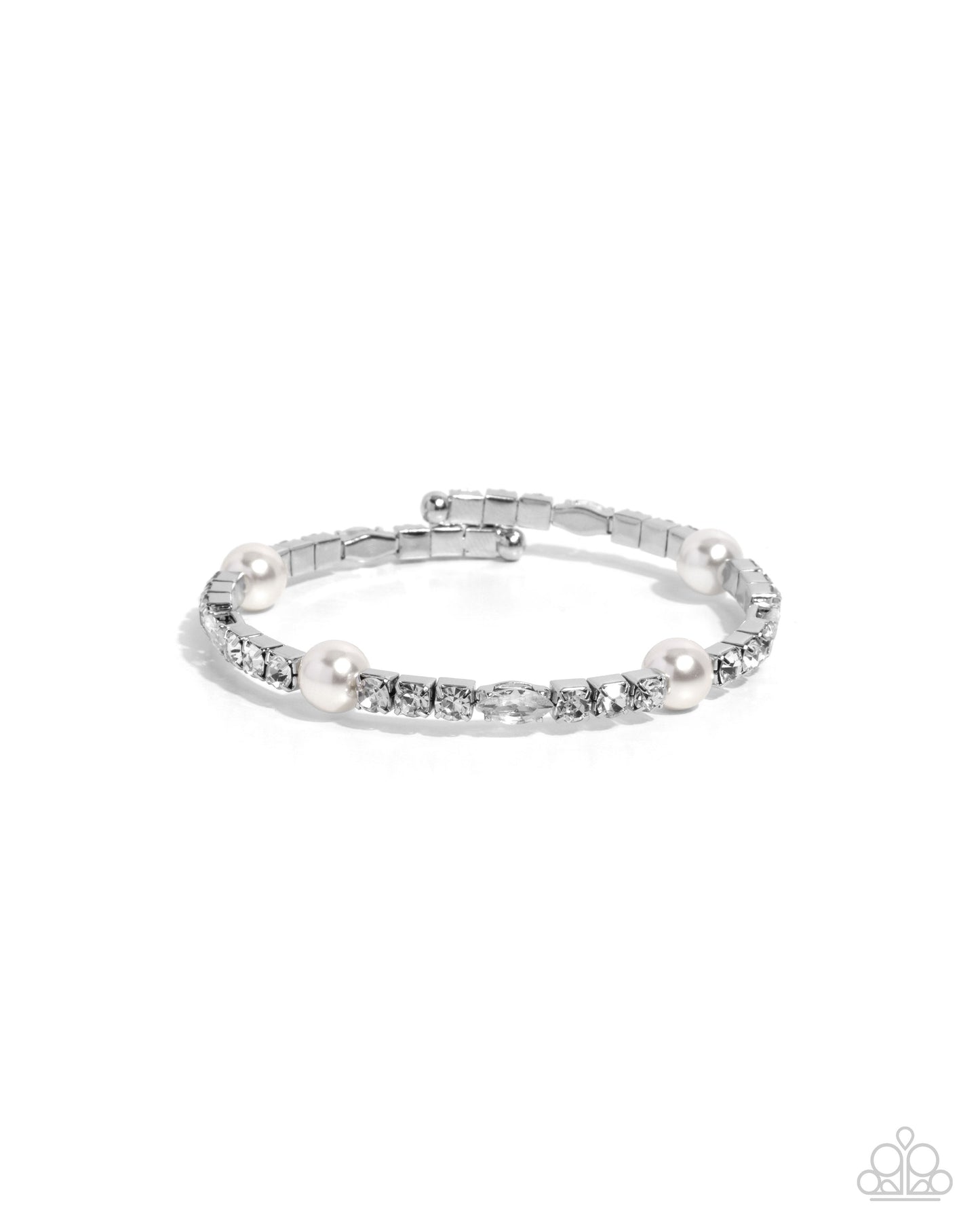 Ladylike Leader - White Pearl & Rhinestone Silver Flex Cuff Bracelet - Paparazzi Accessories