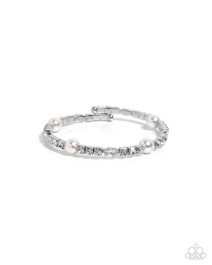 Ladylike Leader - White Pearl & Rhinestone Silver Flex Cuff Bracelet - Paparazzi Accessories