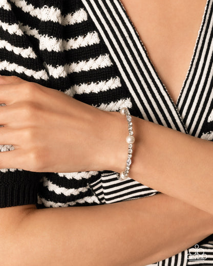 Ladylike Leader - White Pearl & Rhinestone Silver Flex Cuff Bracelet - Paparazzi Accessories