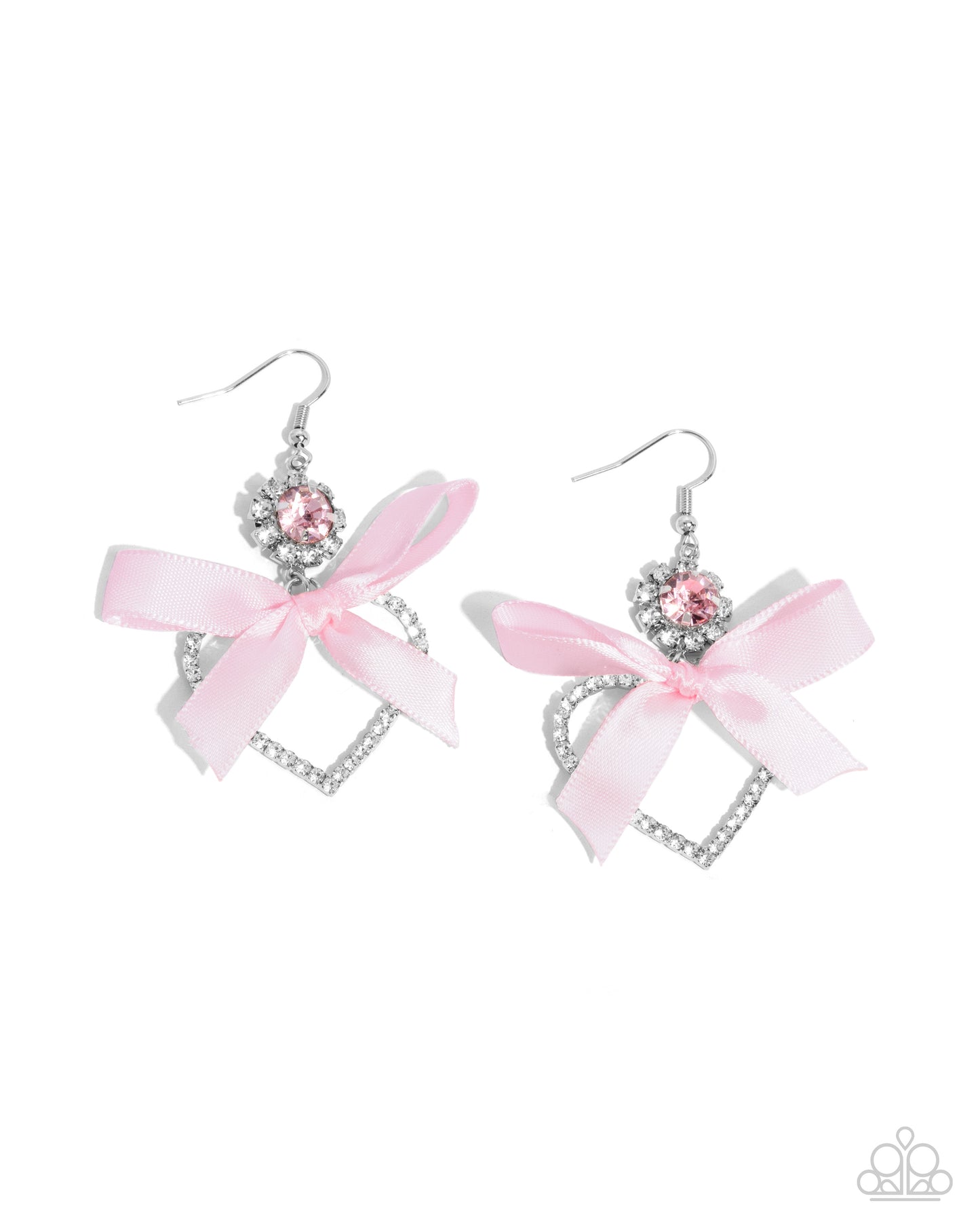Kawaii Keepsake - Pink Satin Ribbon Silver Heart Fishhook Earrings - Paparazzi Accessories