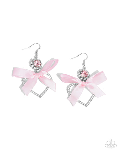 Kawaii Keepsake - Pink Satin Ribbon Silver Heart Fishhook Earrings - Paparazzi Accessories