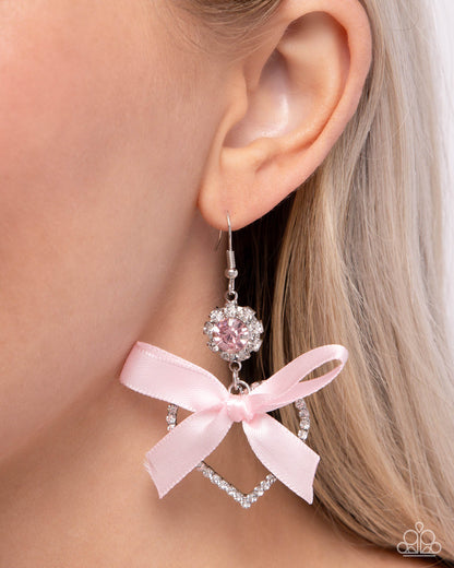 Kawaii Keepsake - Pink Satin Ribbon Silver Heart Fishhook Earrings - Paparazzi Accessories