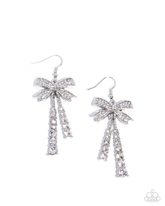 Date Night Decadence - White Rhinestone Silver Bow Fishhook Earrings - Paparazzi Accessories