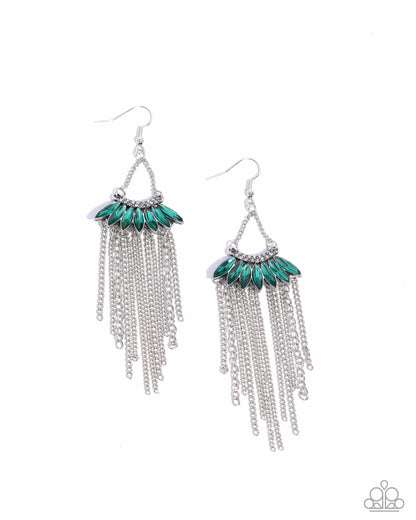 Fringe Feature - Green Marquise Gem Silver Fishhook Earrings - Paparazzi Accessories