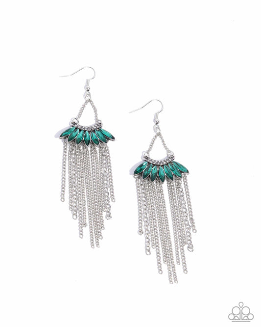 Fringe Feature - Green Marquise Gem Silver Fishhook Earrings - Paparazzi Accessories