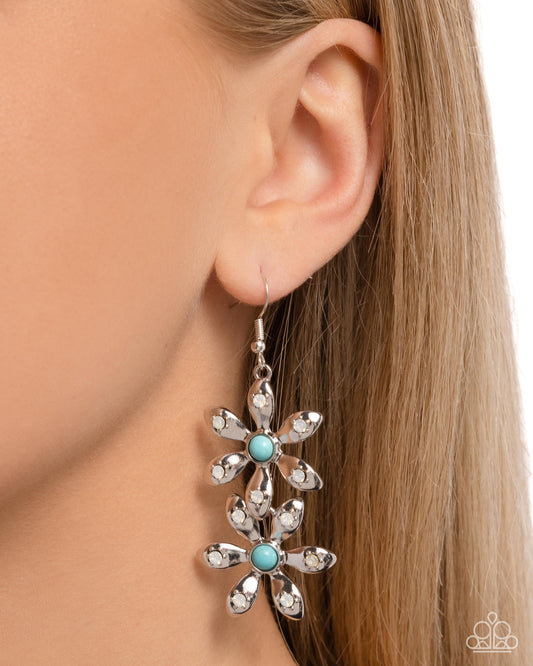 Fabulous Florals - Blue Turquoise Crackle Stone Opalescent Rhinestone Silver Flower Fishhook Earrings - Paparazzi Accessories