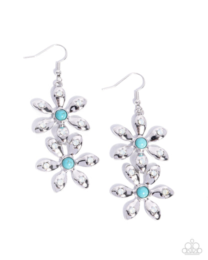 Fabulous Florals - Blue Turquoise Crackle Stone Opalescent Rhinestone Silver Flower Fishhook Earrings - Paparazzi Accessories