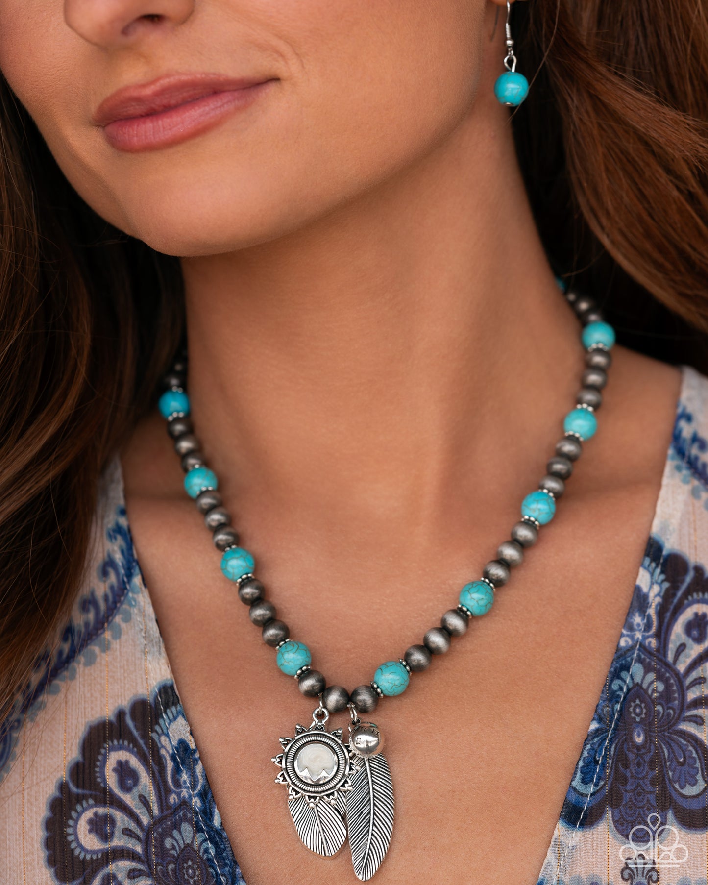 Steady Stones - Blue Beads Navajo Pearls Feather Charm Necklace - Convention Exclusive 2024 - Paparazzi Accessories